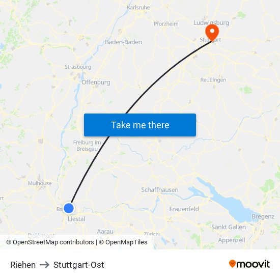 Riehen to Stuttgart-Ost map