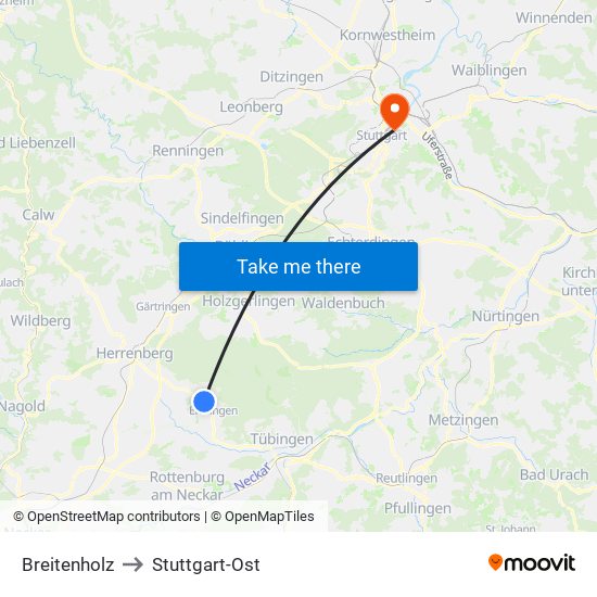 Breitenholz to Stuttgart-Ost map