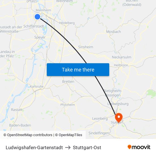 Ludwigshafen-Gartenstadt to Stuttgart-Ost map