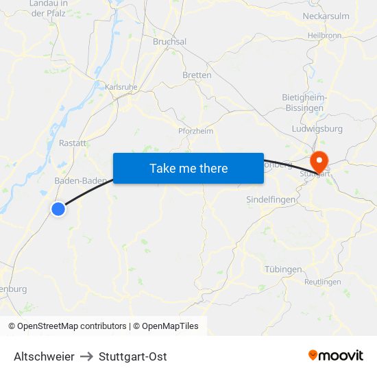 Altschweier to Stuttgart-Ost map