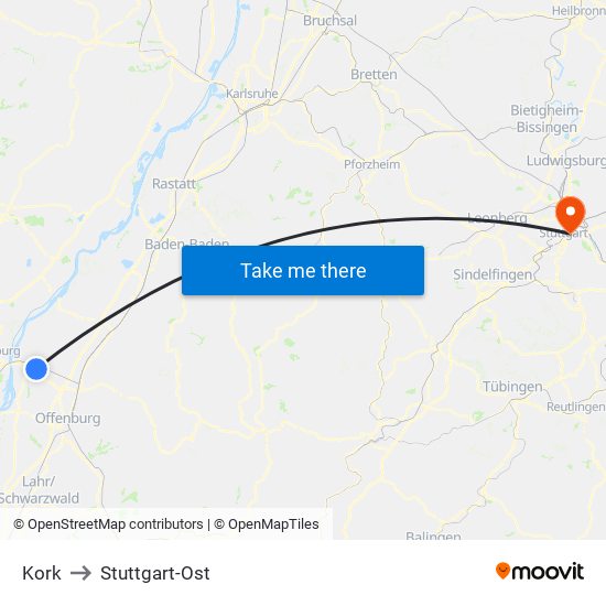 Kork to Stuttgart-Ost map