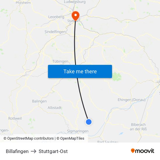 Billafingen to Stuttgart-Ost map