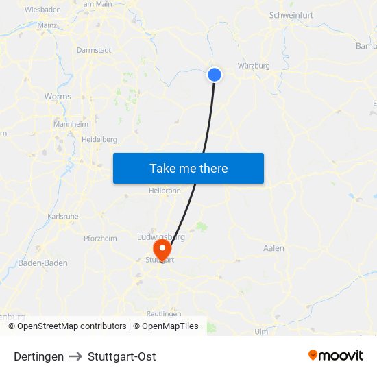 Dertingen to Stuttgart-Ost map