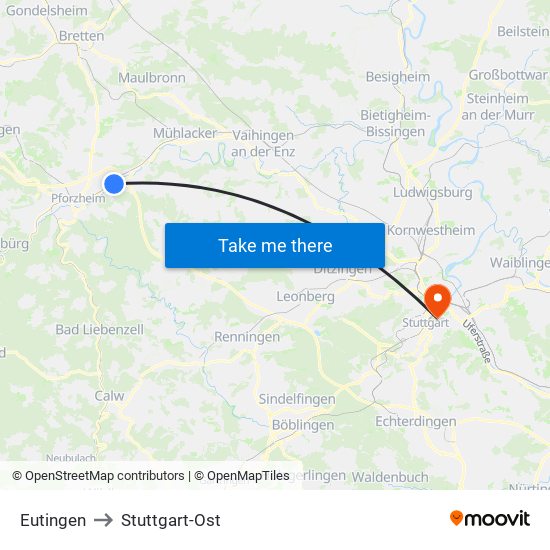 Eutingen to Stuttgart-Ost map