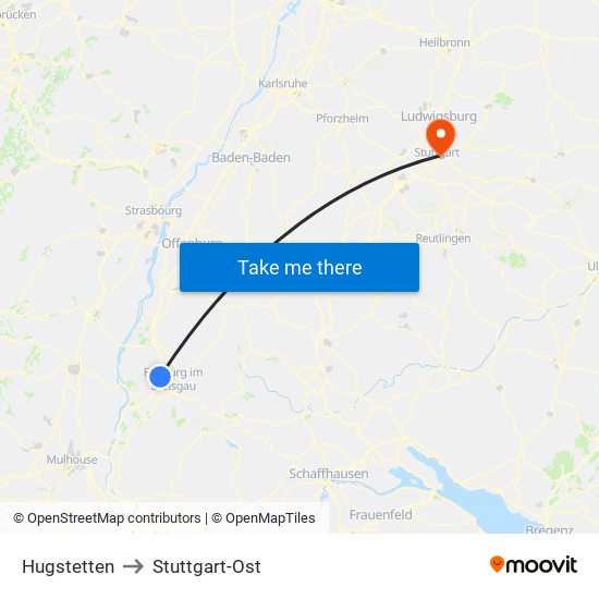 Hugstetten to Stuttgart-Ost map