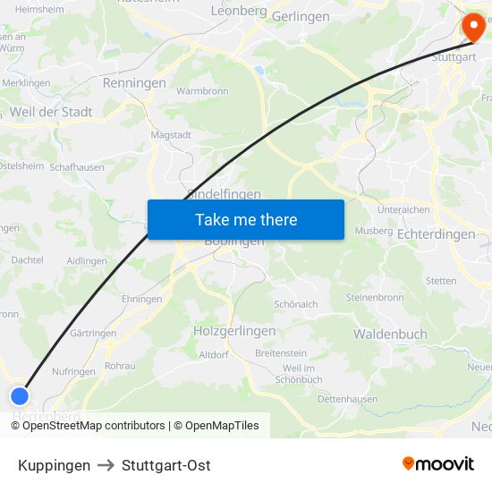 Kuppingen to Stuttgart-Ost map