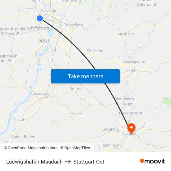 Ludwigshafen-Maudach to Stuttgart-Ost map