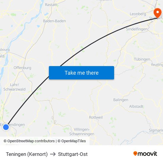 Teningen (Kernort) to Stuttgart-Ost map