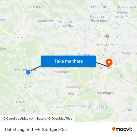 Unterhaugstett to Stuttgart-Ost map