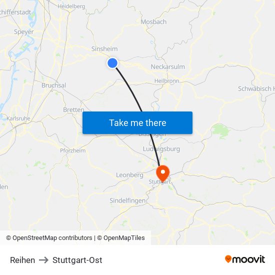 Reihen to Stuttgart-Ost map