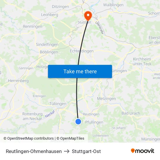 Reutlingen-Ohmenhausen to Stuttgart-Ost map