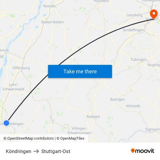 Köndringen to Stuttgart-Ost map