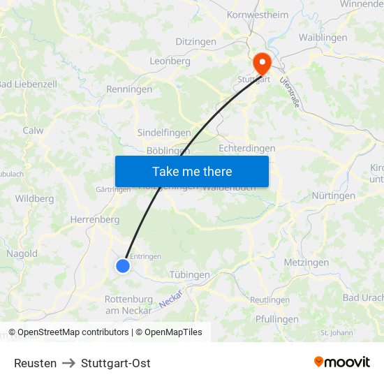 Reusten to Stuttgart-Ost map