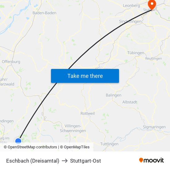 Eschbach (Dreisamtal) to Stuttgart-Ost map