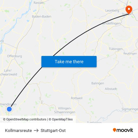 Kollmarsreute to Stuttgart-Ost map