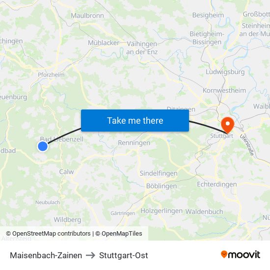 Maisenbach-Zainen to Stuttgart-Ost map