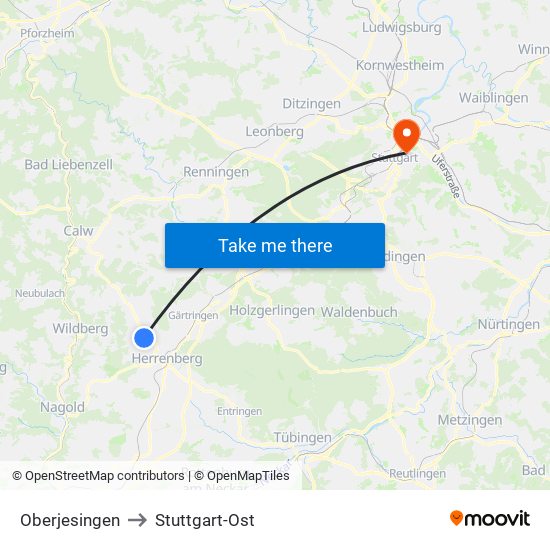 Oberjesingen to Stuttgart-Ost map