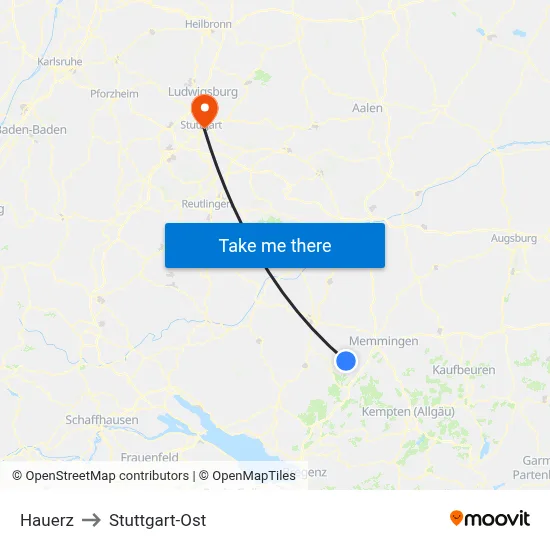 Hauerz to Stuttgart-Ost map