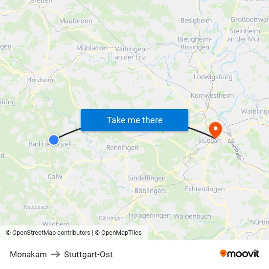 Monakam to Stuttgart-Ost map