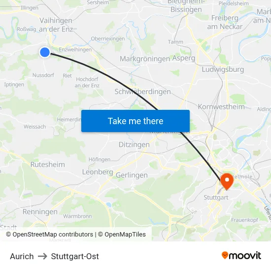 Aurich to Stuttgart-Ost map