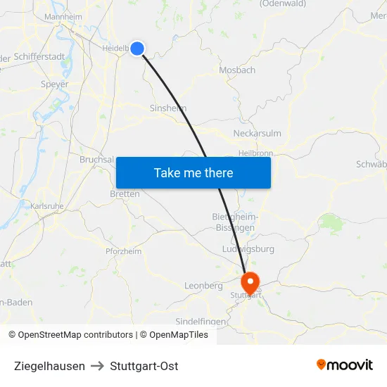 Ziegelhausen to Stuttgart-Ost map