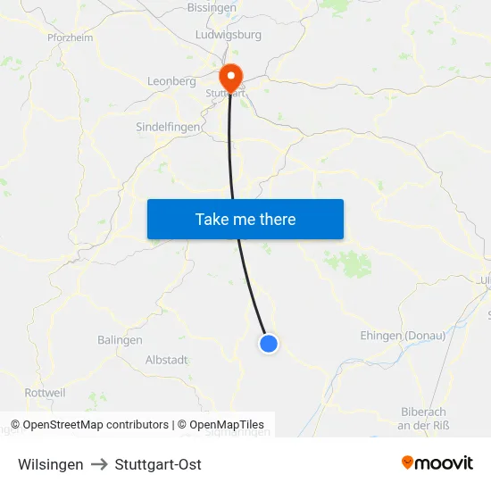 Wilsingen to Stuttgart-Ost map