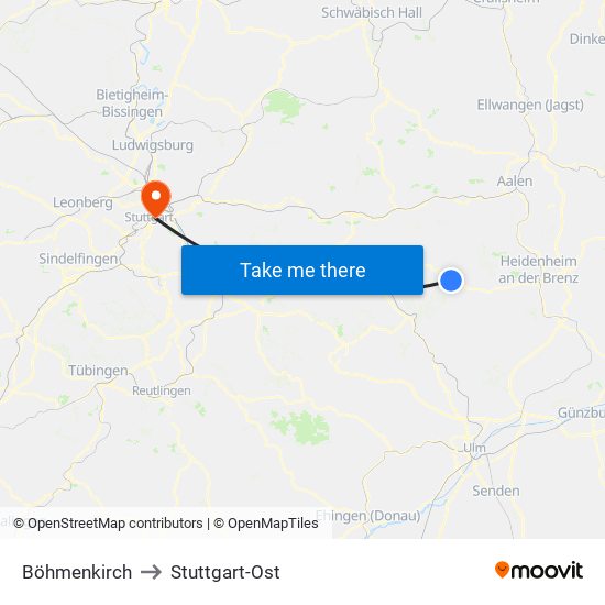 Böhmenkirch to Stuttgart-Ost map