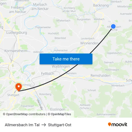 Allmersbach Im Tal to Stuttgart-Ost map