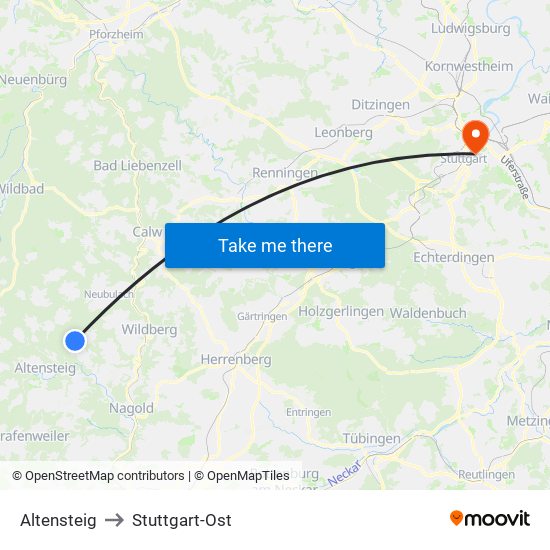 Altensteig to Stuttgart-Ost map