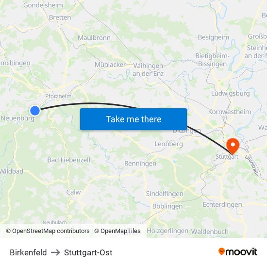 Birkenfeld to Stuttgart-Ost map