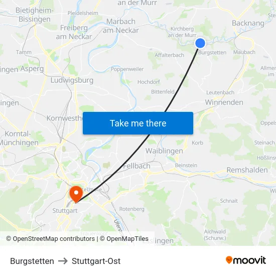 Burgstetten to Stuttgart-Ost map