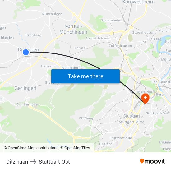 Ditzingen to Stuttgart-Ost map