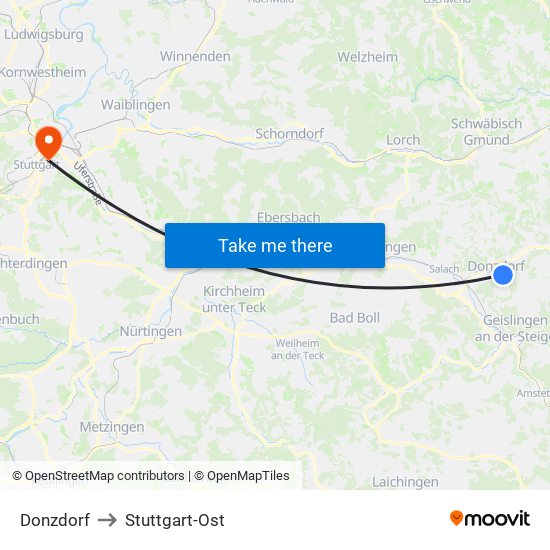 Donzdorf to Stuttgart-Ost map