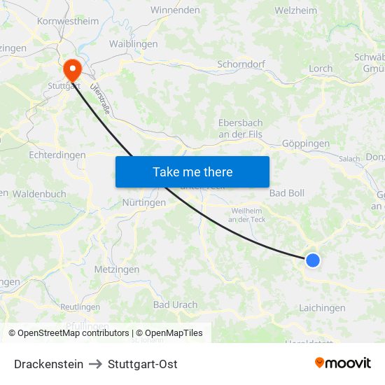 Drackenstein to Stuttgart-Ost map