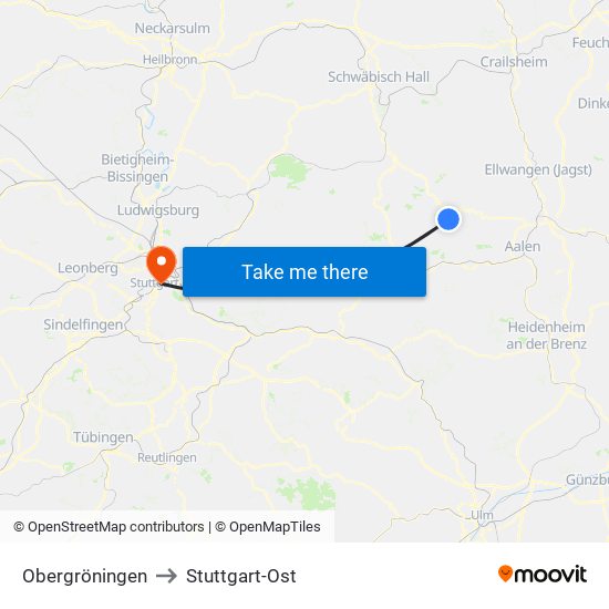 Obergröningen to Stuttgart-Ost map
