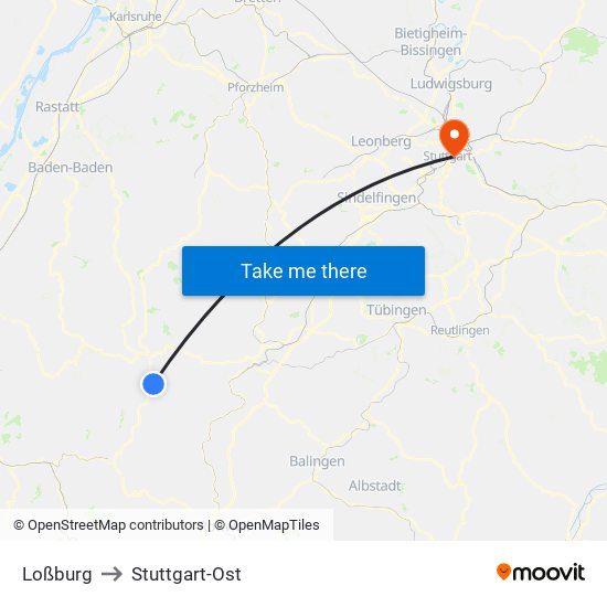 Loßburg to Stuttgart-Ost map