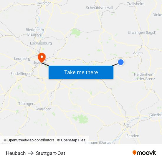 Heubach to Stuttgart-Ost map