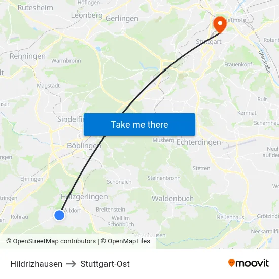 Hildrizhausen to Stuttgart-Ost map