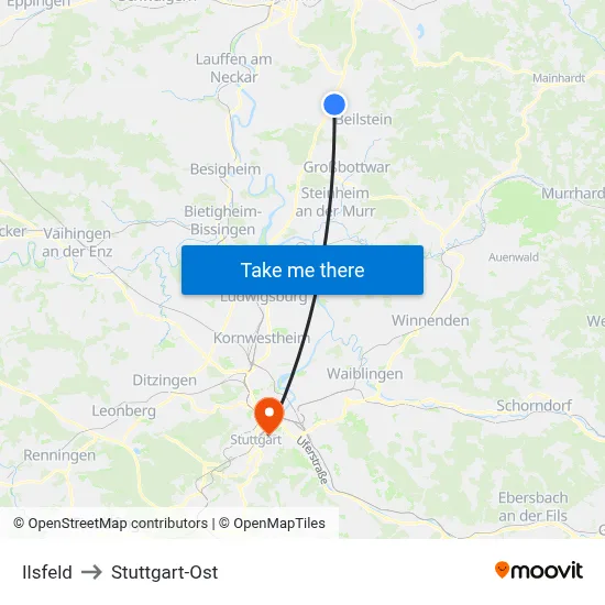 Ilsfeld to Stuttgart-Ost map