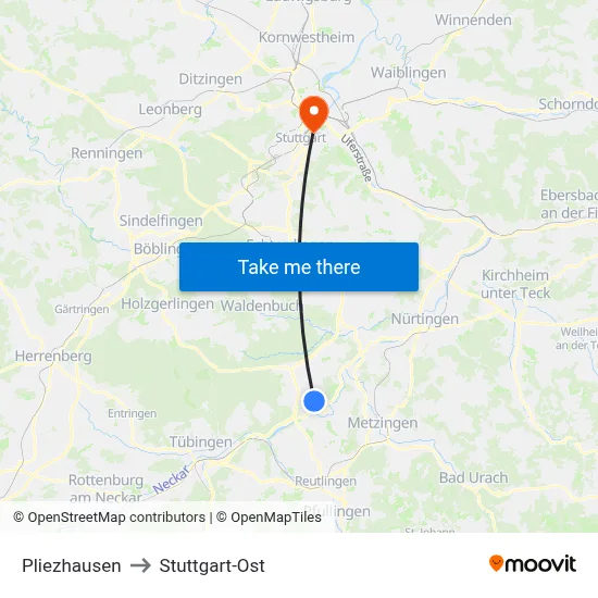 Pliezhausen to Stuttgart-Ost map