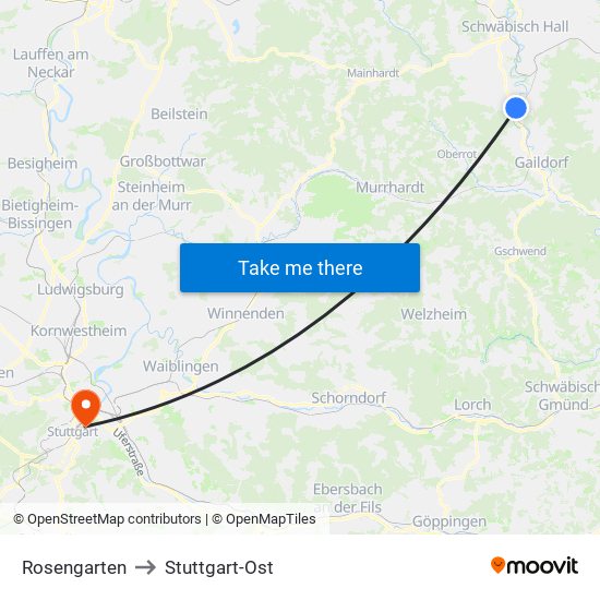 Rosengarten to Stuttgart-Ost map