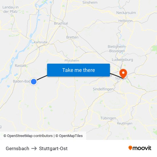 Gernsbach to Stuttgart-Ost map