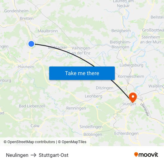 Neulingen to Stuttgart-Ost map