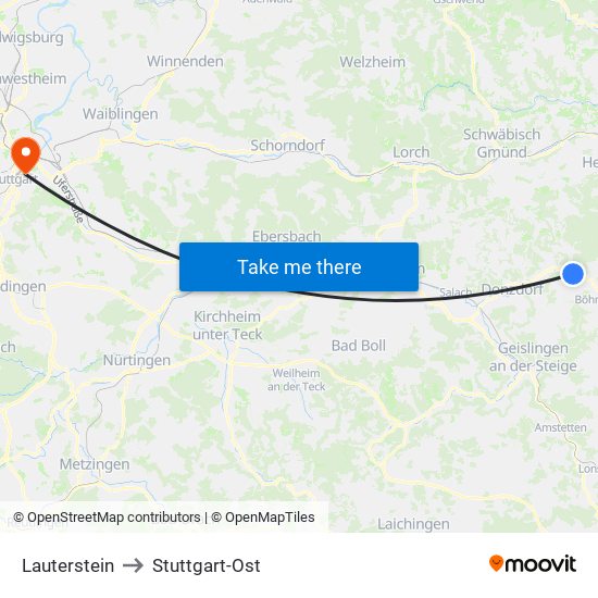 Lauterstein to Stuttgart-Ost map