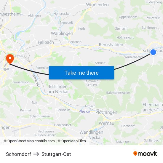 Schorndorf to Stuttgart-Ost map
