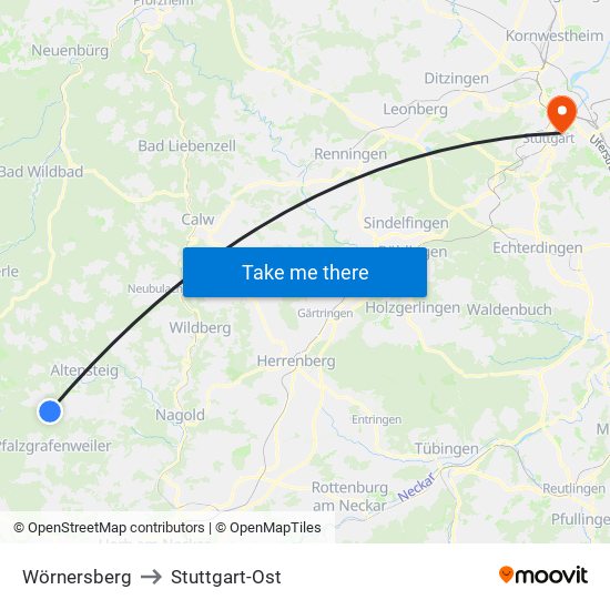 Wörnersberg to Stuttgart-Ost map