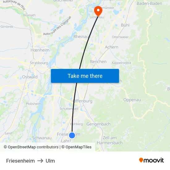 Friesenheim to Ulm map