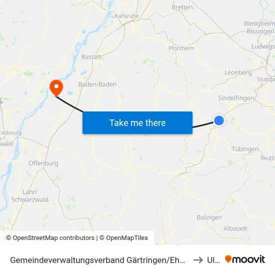 Gemeindeverwaltungsverband Gärtringen/Ehningen to Ulm map