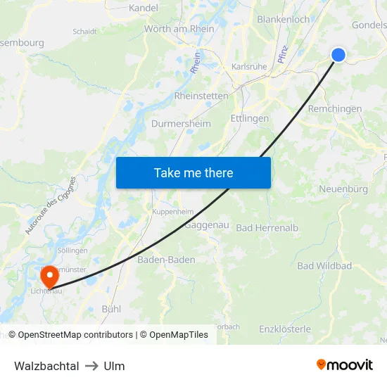 Walzbachtal to Ulm map