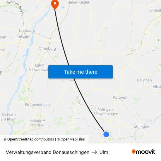 Verwaltungsverband Donaueschingen to Ulm map